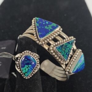 Sterling Silver Navajo Cuff Bracelet & Ring Set Signed Azurite Stones